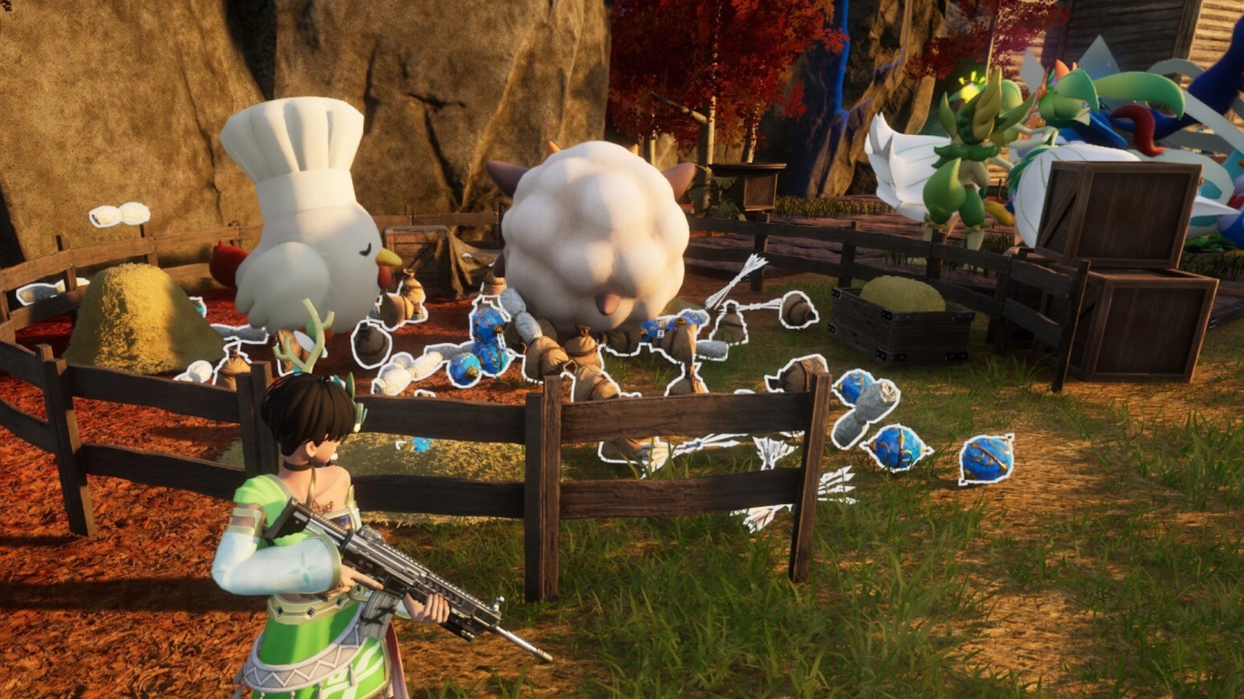 Palworld magazzino decentralizzato con casse accanto alle postazioni di lavoro per percorsi più brevi