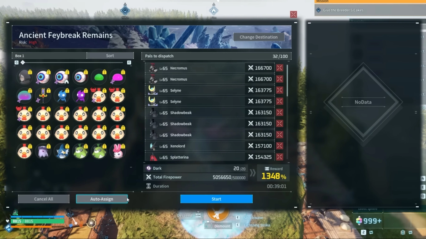 Selezione della squadra per la spedizione di Palworld con Pal e potenza consigliata