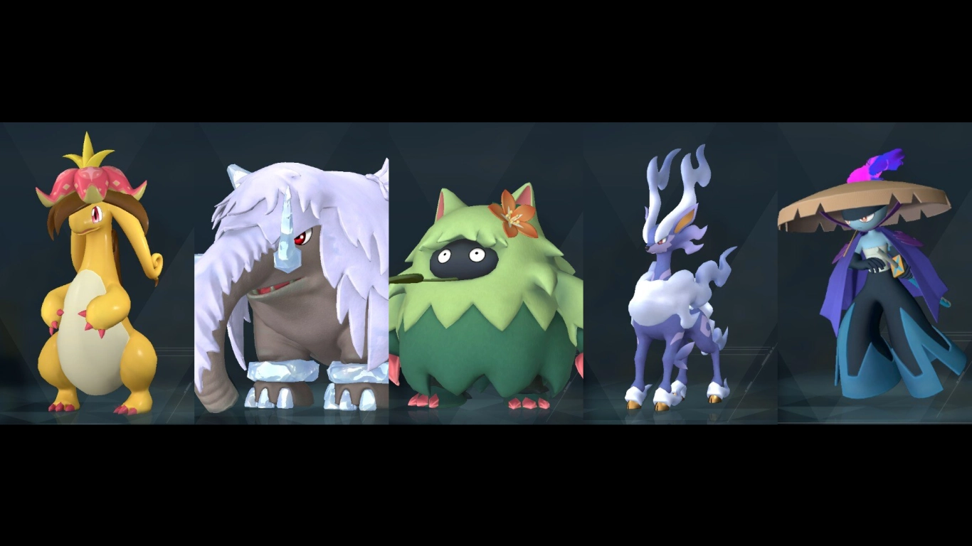 Pals lenhadores de Palworld no mid game: Dinossom Lux, Mammorest Cryst, Wumpo, Fenglope e Bushi Noct