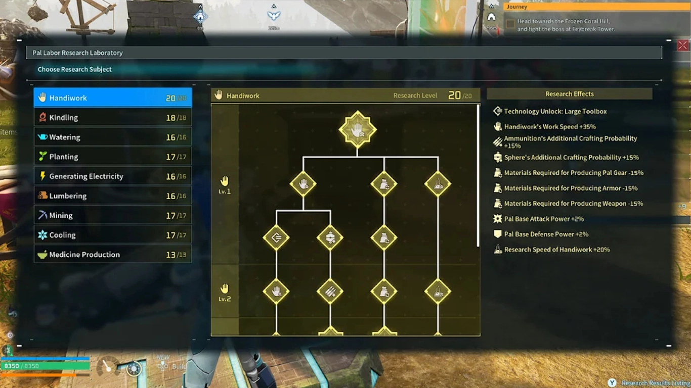 Übersicht der Skillbäume und Perks im Pal-Arbeitsinstitut von Palworld