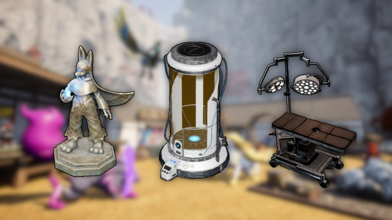 Machines Palworld : Statue de la Puissance, Extracteur de Pal et table d’OP en action