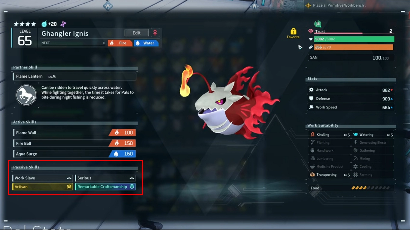 Översikt över passiva färdigheter i Palworld med bonusnivåer och pilmarkeringar