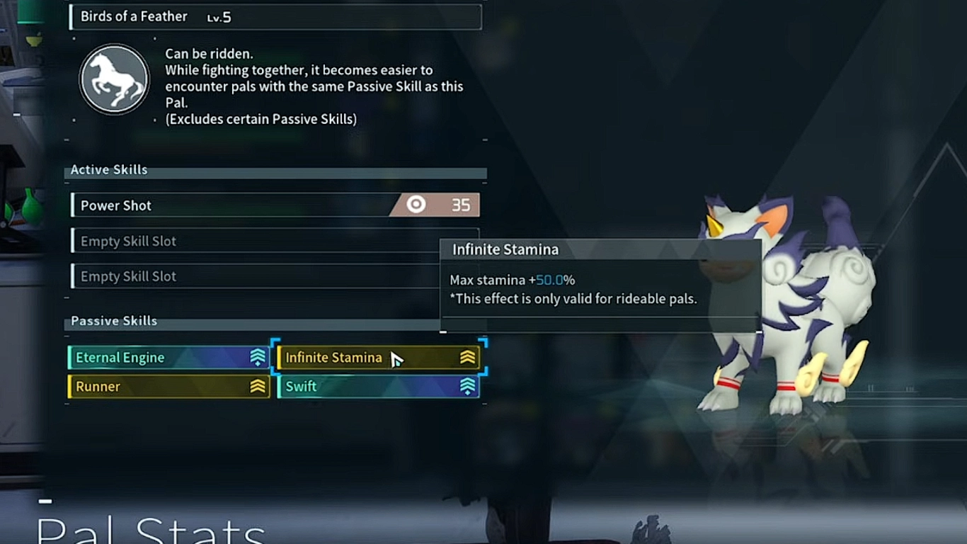 Ridbara Pals i Palworld med fart- och uthållighetsfärdigheter på land, i luften och i vatten