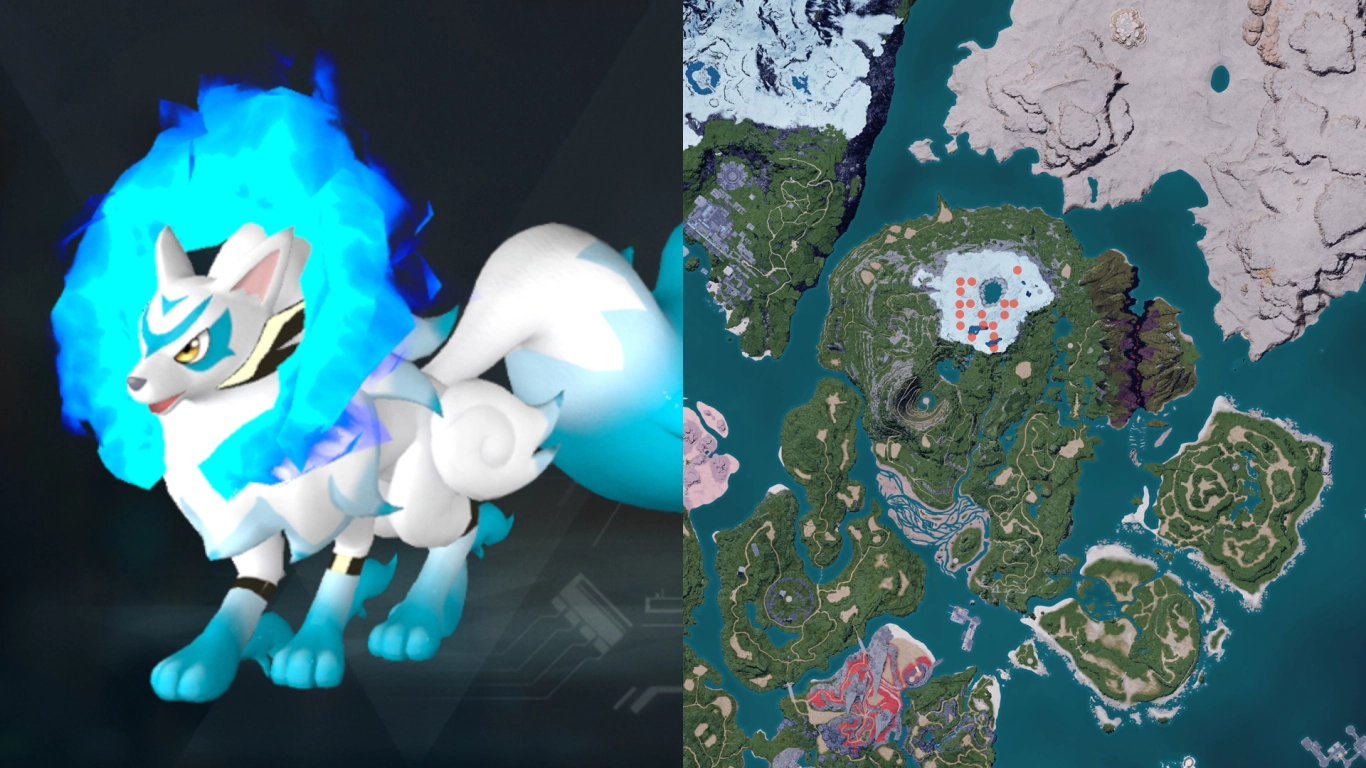 Kitsun de nuit au Frostbound Mountain dans Palworld