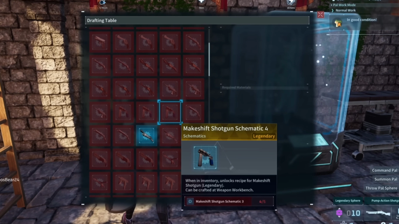 Visão geral dos esquemas de armas e pontos de tecnologia em Palworld