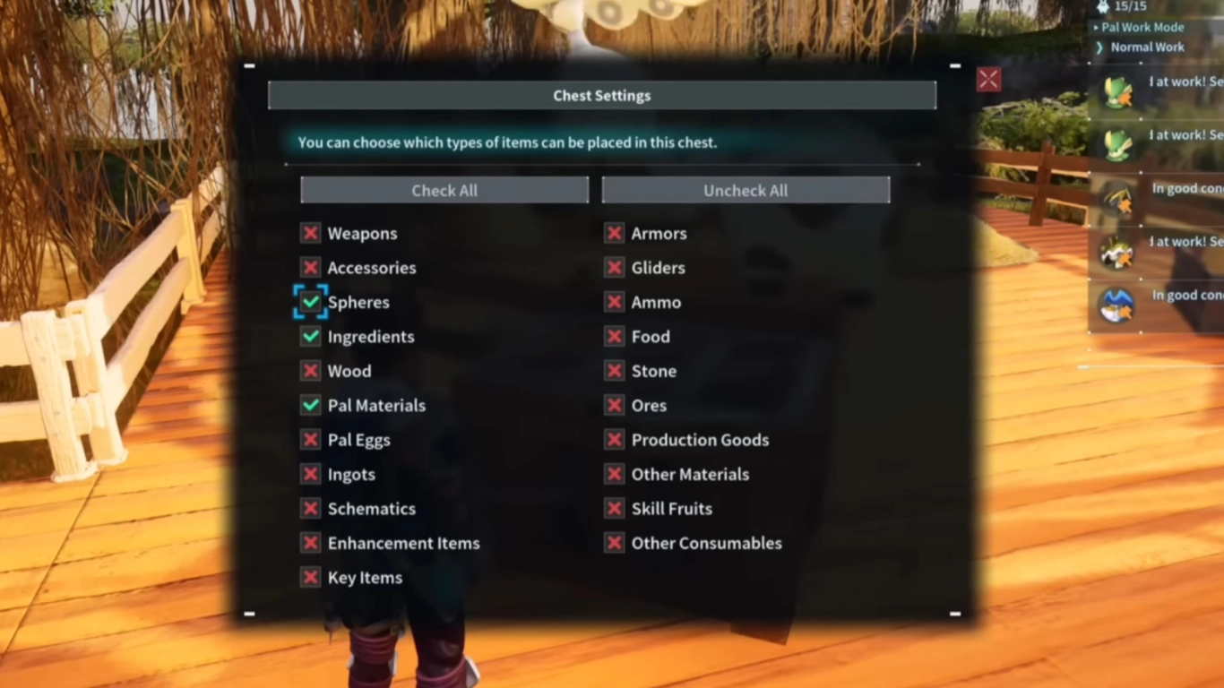 Definições de baús e gestão de armazém em Palworld