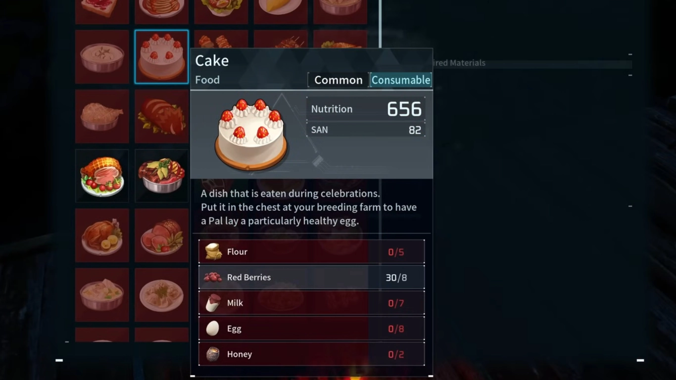 Kuchen herstellen für die Palworld Zucht mit Beeren, Mehl, Eiern, Milch und Honig