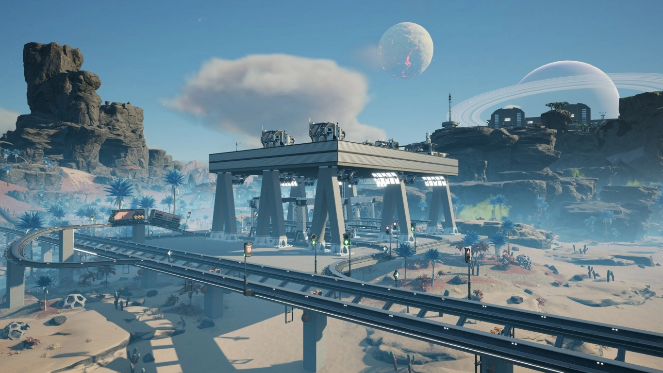 Gameplay de Satisfactory : automatisation et construction de base sur une planète étrangère