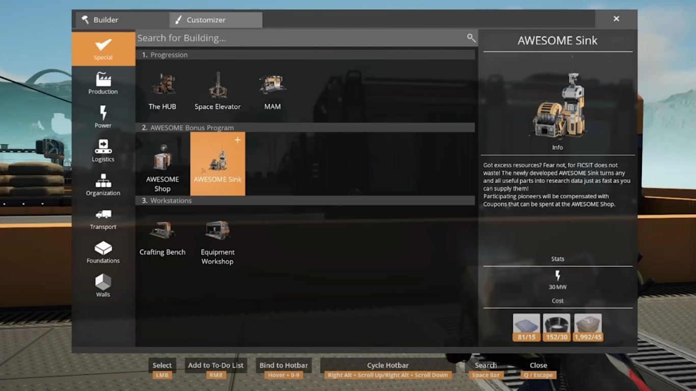Costruire la AWESOME Sink in Satisfactory – costi di costruzione e consumo elettrico