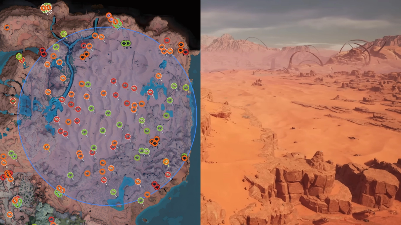 Satisfactory başlangıç bölgesi Kumullar Çölü: geniş düzlükler ve erken kömür