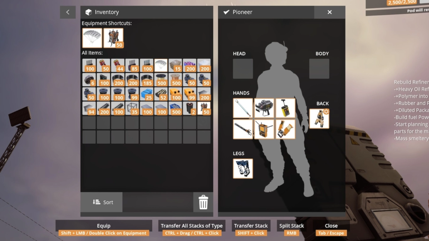 Satisfactory Inventar-Management mit Slots, Favoriten und Hotbar