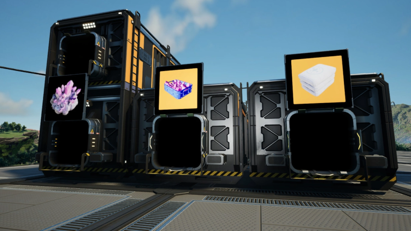 Satisfactory Container und Industrie-Container am Ende einer Produktionslinie
