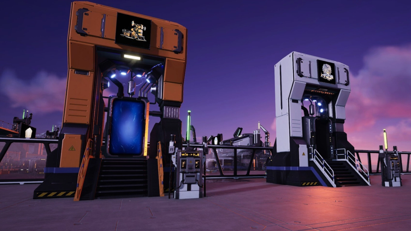 Portalen in Satisfactory met singulariteitscel en warpaandrijving om te teleporteren