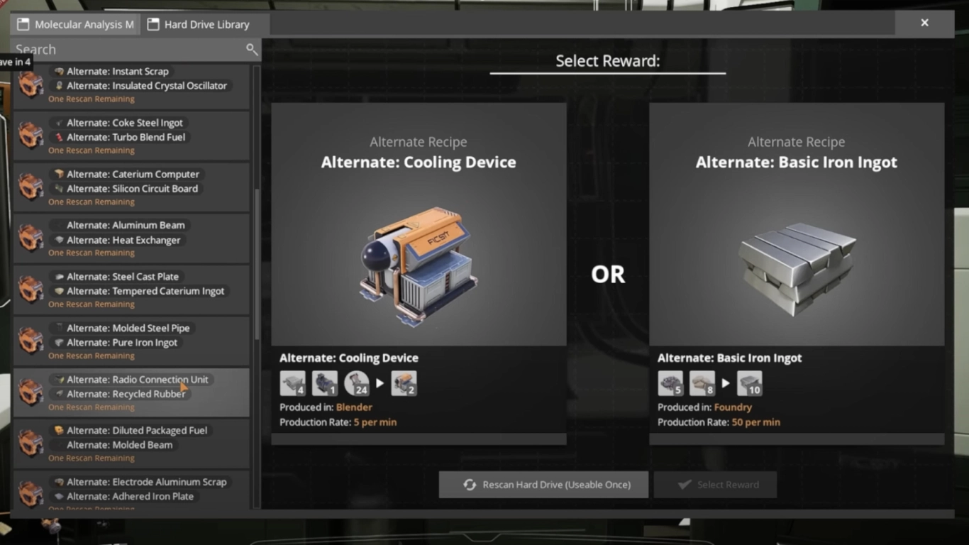 Escolher receitas de discos rígidos de forma estratégica no Satisfactory