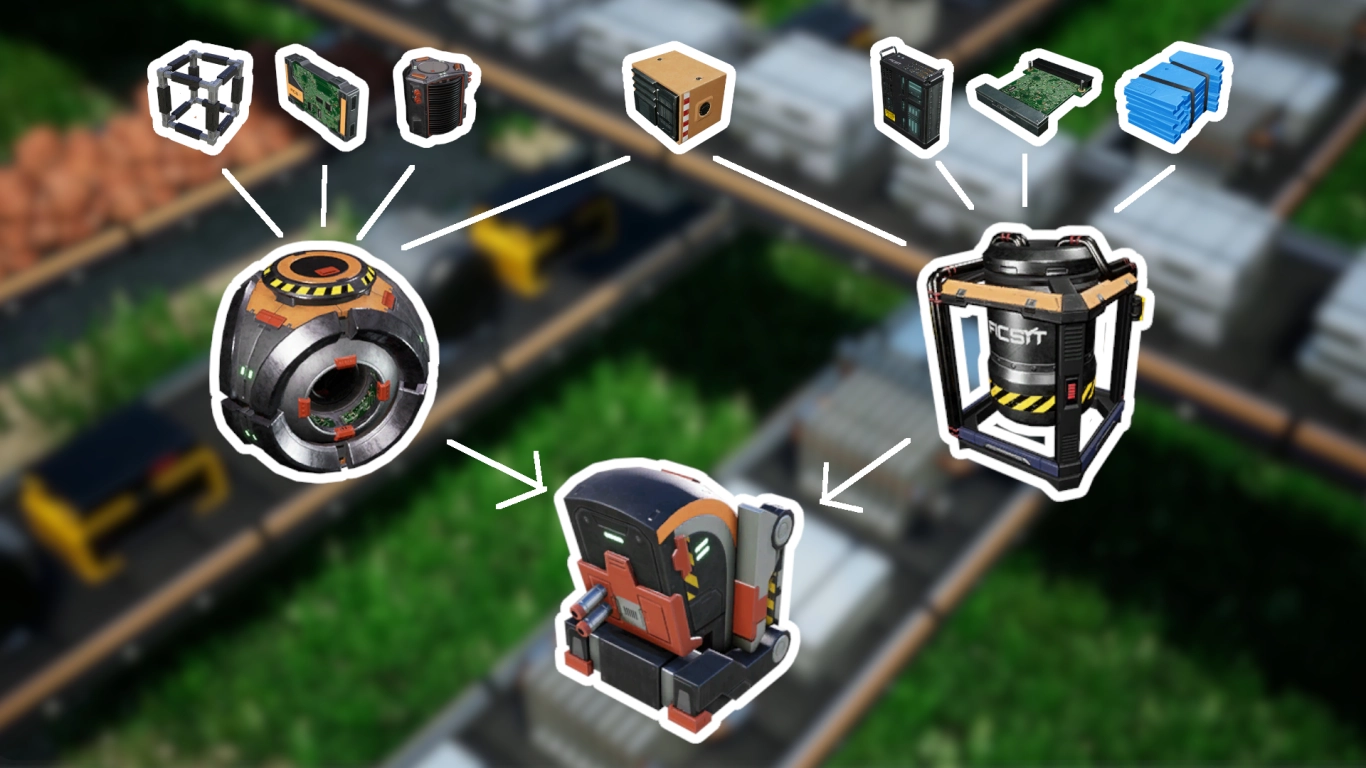 Produktion af montage‑styringssystem i Satisfactory med supercomputere og adaptive kontrolenheder