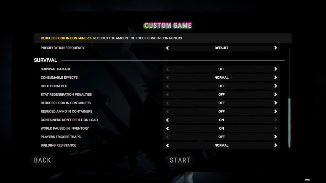 Menu de definições em Sons of the Forest com graus de dificuldade e opções Custom