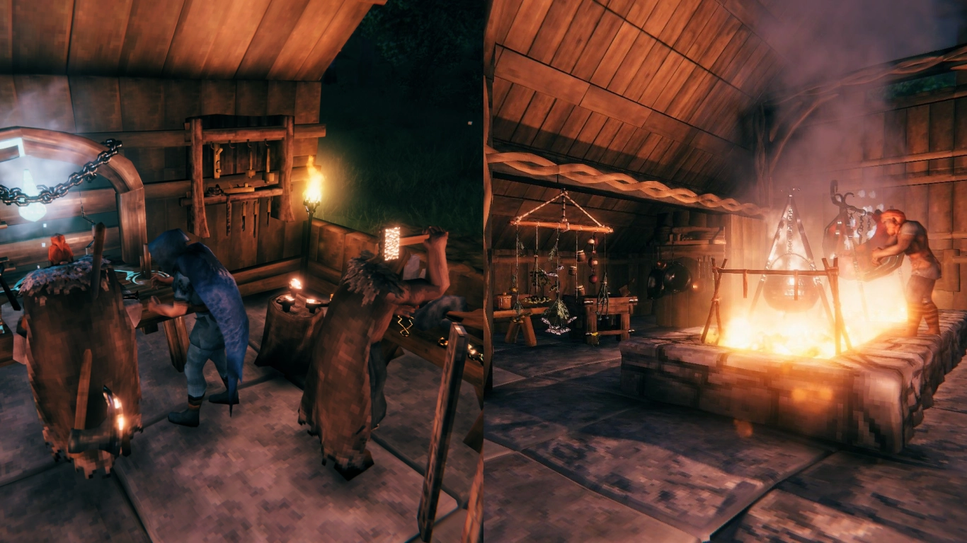 Valheim Werkstatt mit Schmiede, Küche und Werkbank