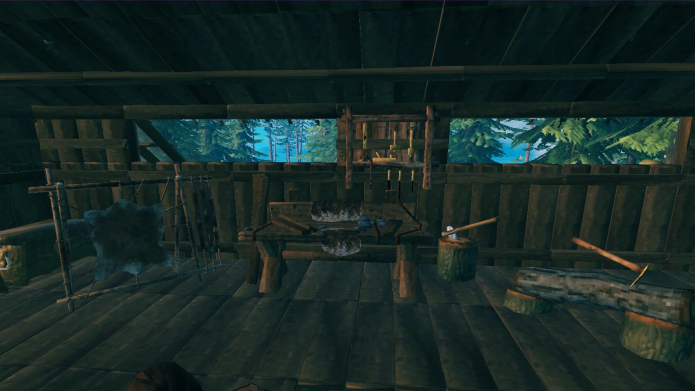 Valheim Werkbank im Schutz eines Daches mit Bau- und Crafting-Menü