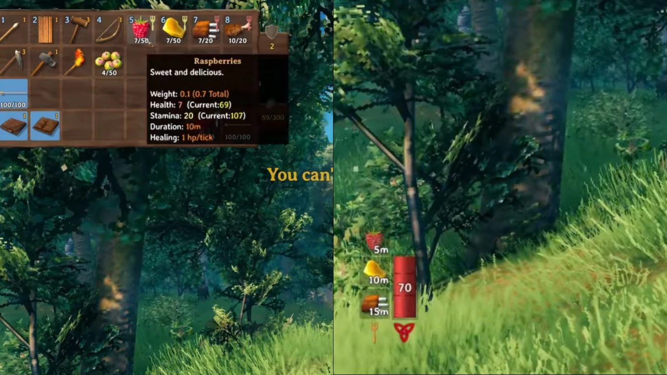 Valheim HUD mit drei Essensslots für Gesundheit Stamina und Eitr