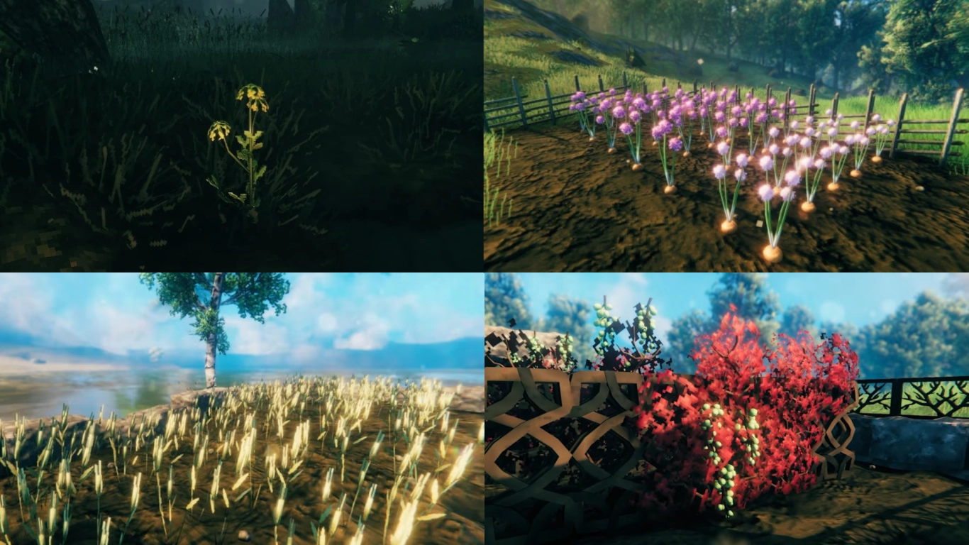 Panorâmica das culturas em Valheim: cenouras, nabos, cebolas, cevada, linho e mais