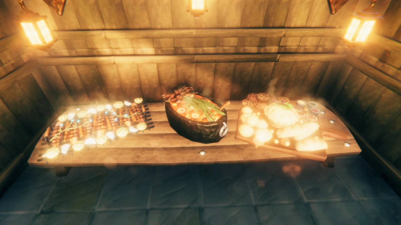 Valheimi pidusöögid Sailor's Bounty, Hearty Mountain Logger's Stew ja Plains Pie Picnic
