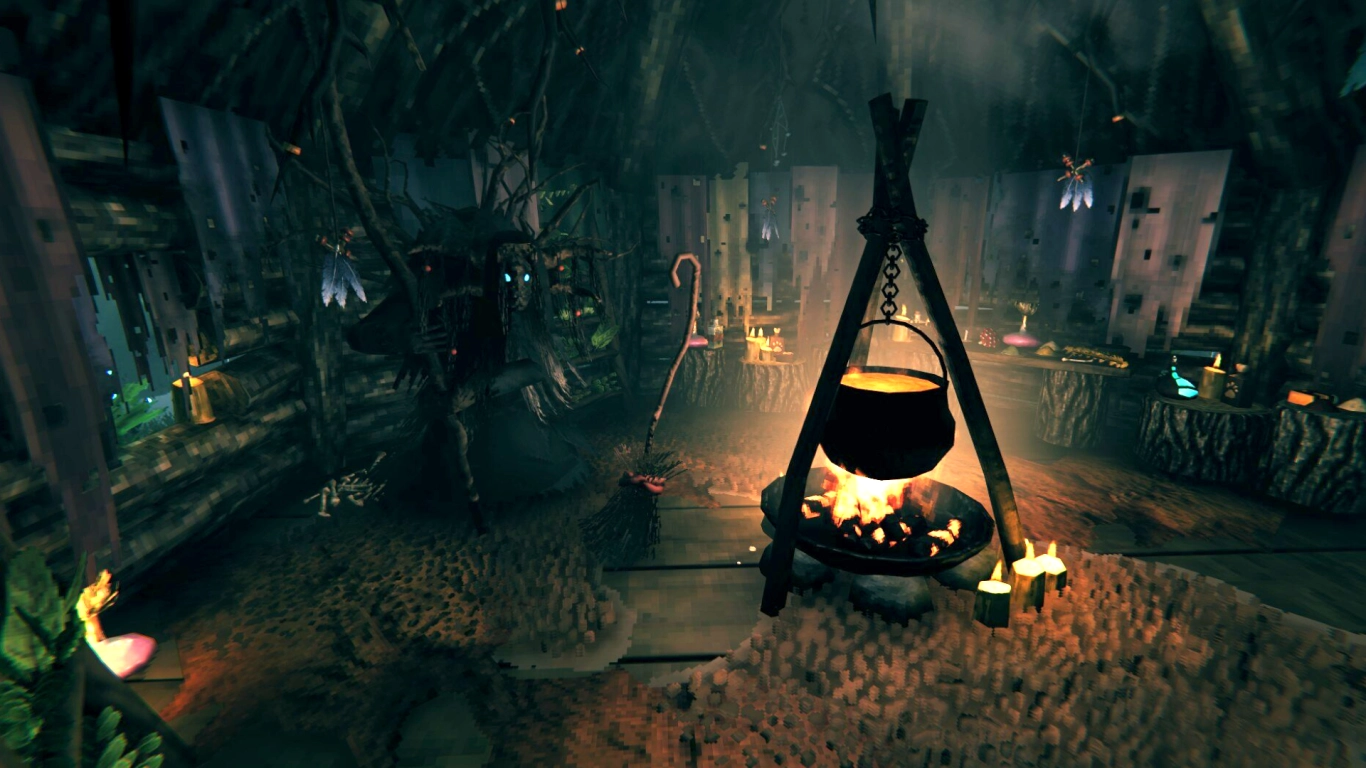 Die Moorhexe im Sumpf in Valheim an ihrem Kessel in der Hütte