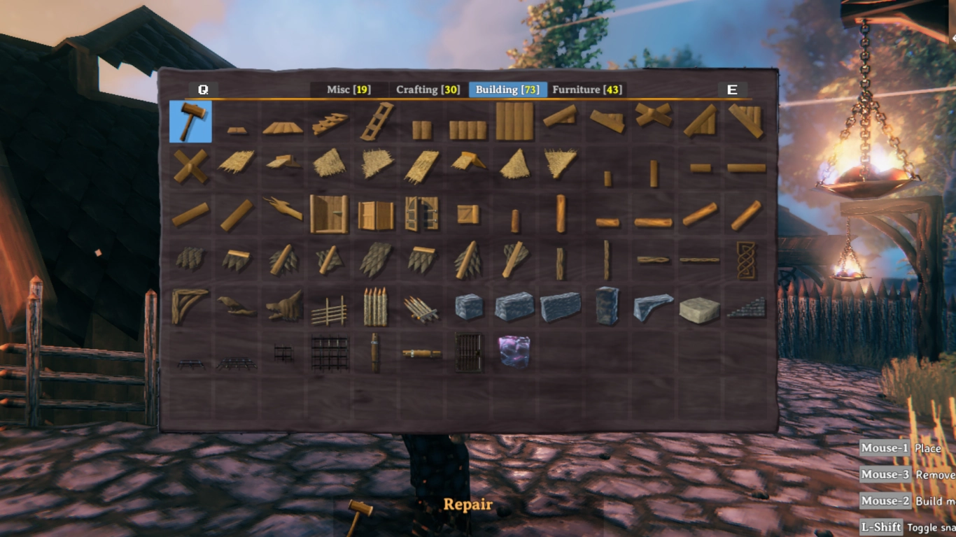 Fundamentos do sistema de construção de Valheim com bancada, martelo e planos de construção