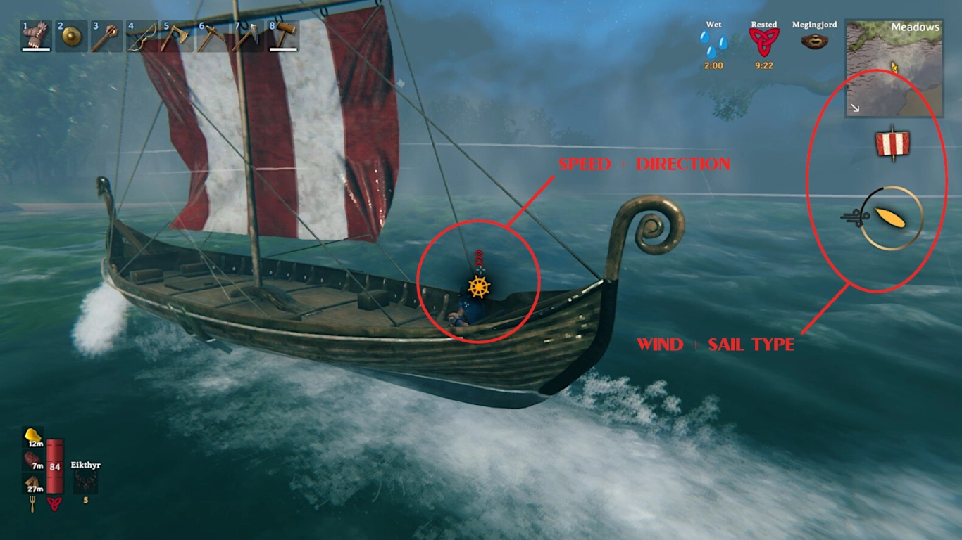 Valheim skib med satte sejl og medvind på havet