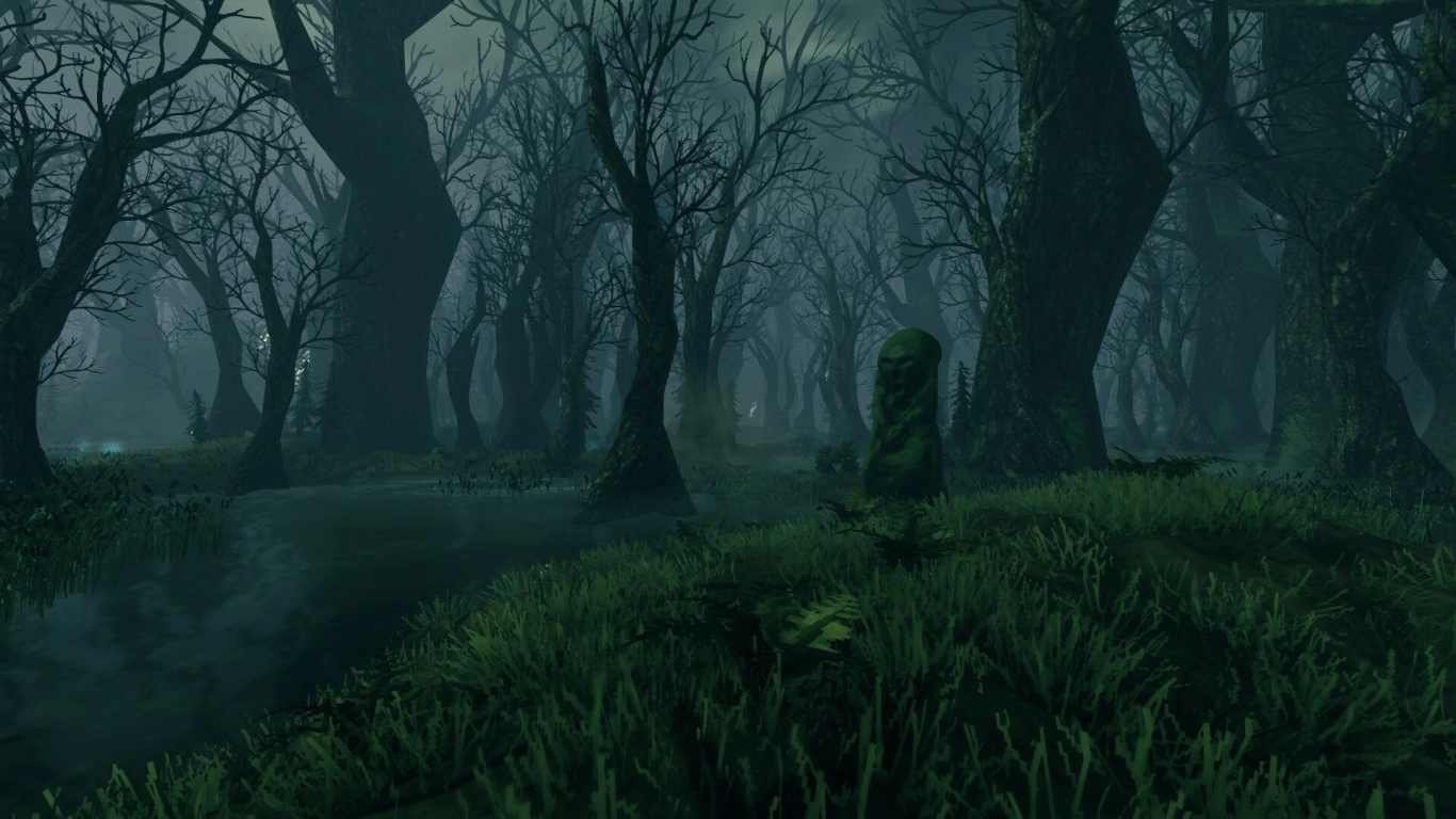 Valheim Sumpf Biom Überblick mit Regen, Wasser und Bäumen