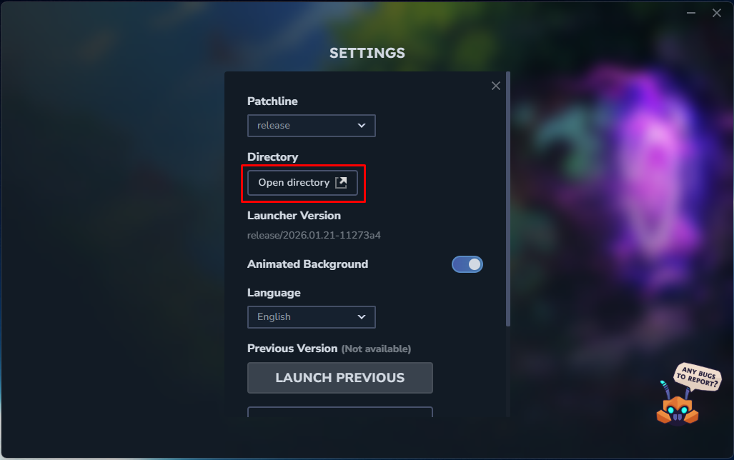 Gumb Odpri imenik v zaganjalniku Hytale